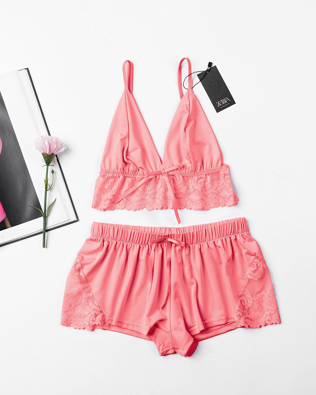 Lace-Trim Satin Short Set 4335/1